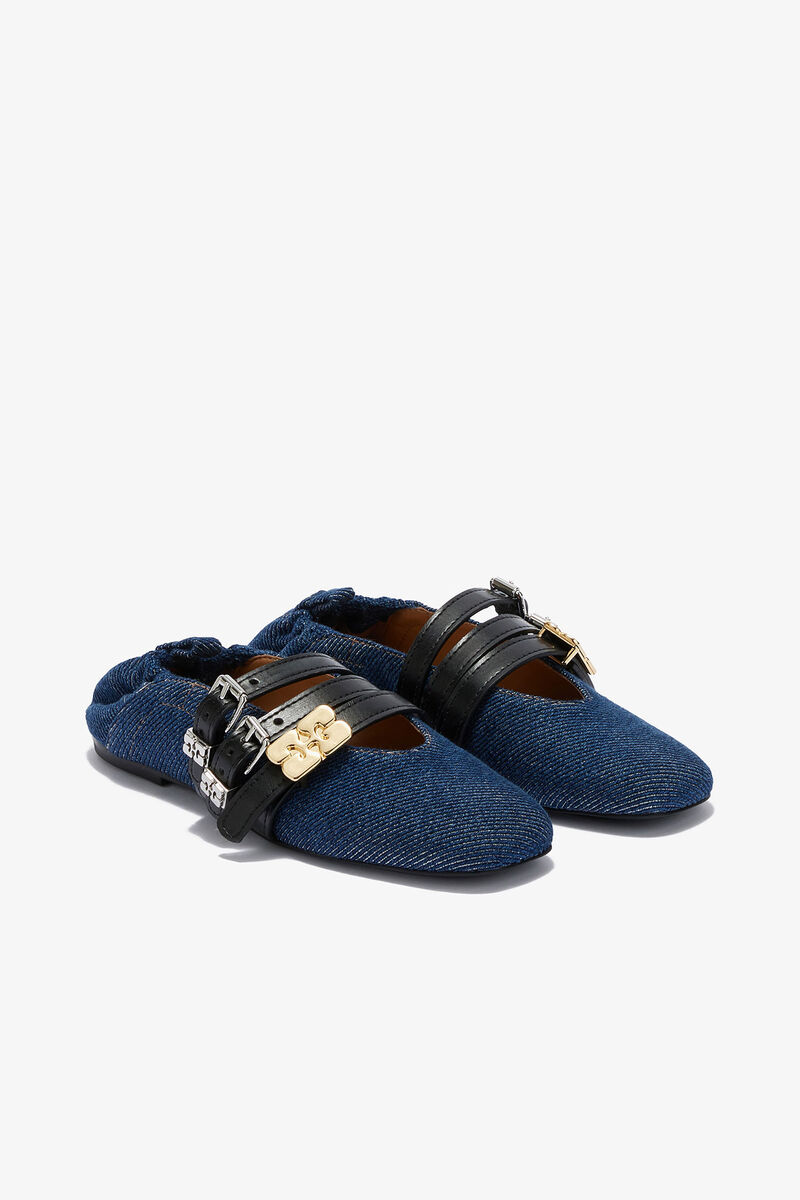 Sue Triple Ballerina in Denim, Organic Cotton, in colour Dark Blue Vintage - 2 - GANNI