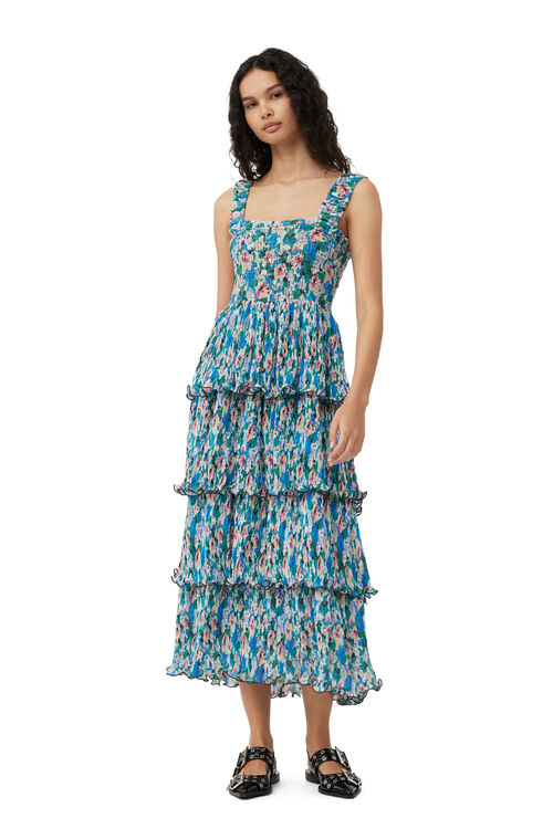가니 원피스 GANNI Pleated Georgette Smock Midi Dress,Floral Azure Blue