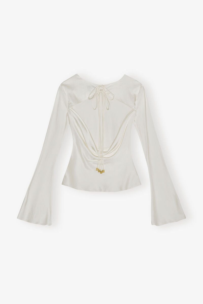 Ivory Satin Blouse, Elastane, in colour Egret - 2 - GANNI