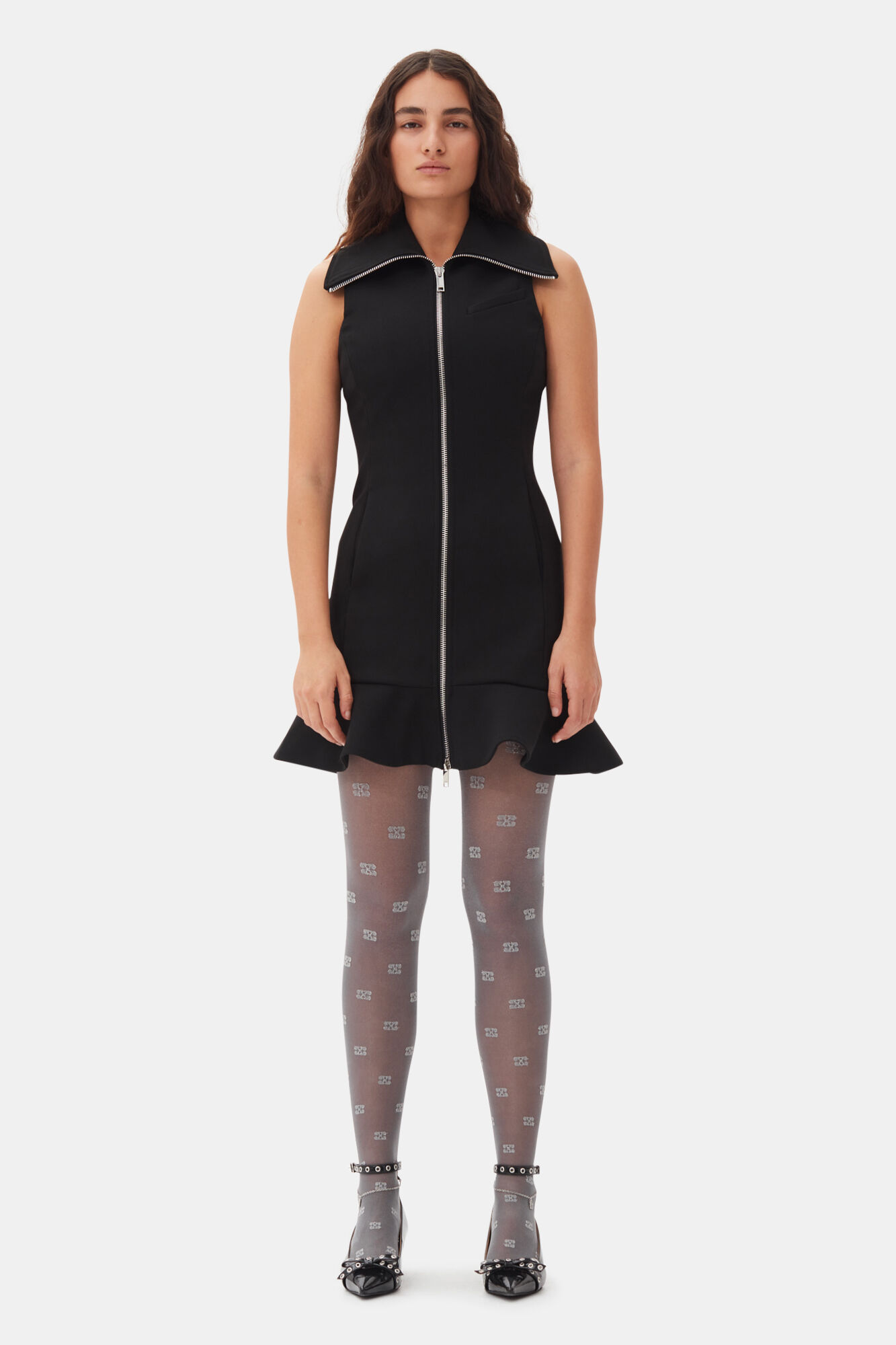Black Bonded Crepe Mini Dress, Recycled Polyester, in colour Black - 1 - GANNI