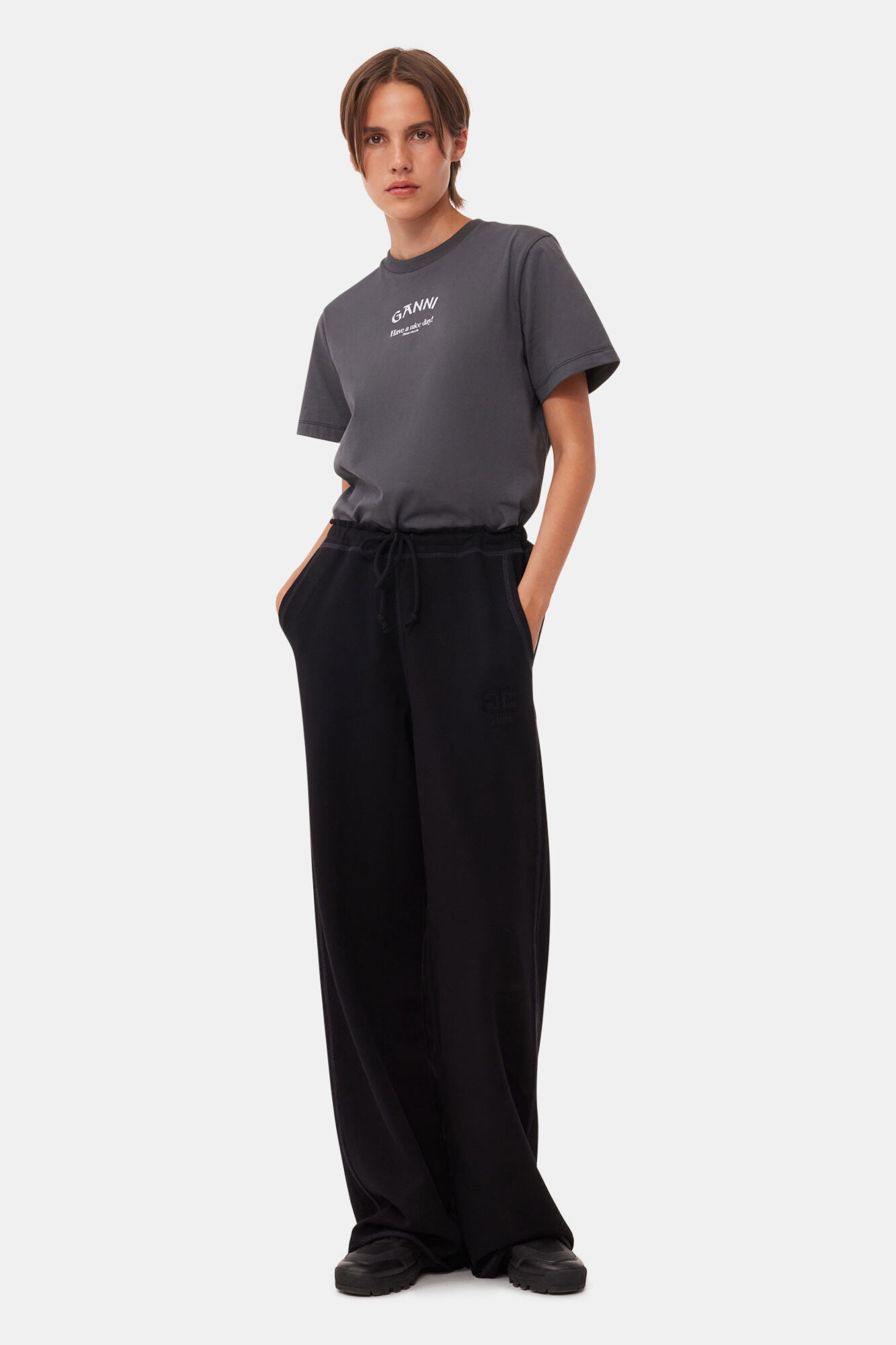 Black Light Isoli Wide Leg Trousers, Cotton, in colour Black - 1 - GANNI