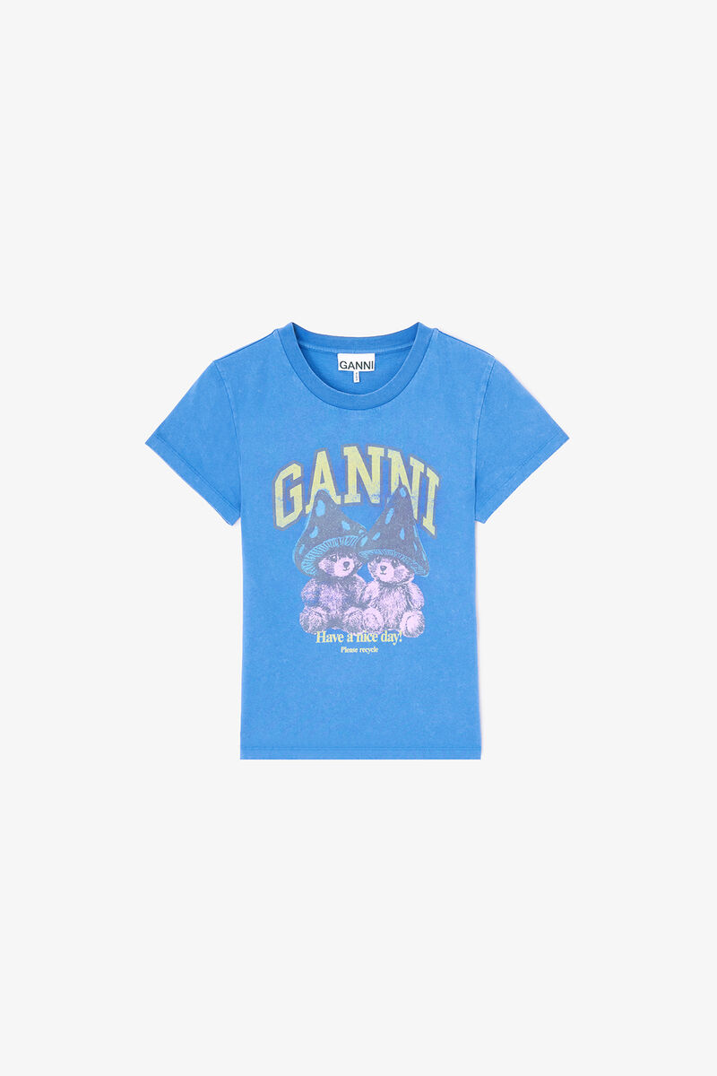 Baby Fit T-shirt with Mushroom Teddy, Recycled Cotton, in colour Strong Blue - 1 - GANNI