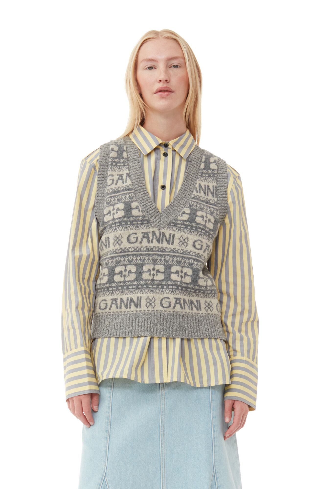 Grey Logo Wool Mix Vest, Recycled Polyamide, in colour Frost Gray - 1 - GANNI