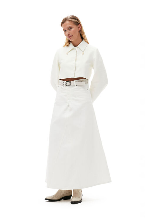 Ganni White Denim Double Fly Maxi Skirt In Bright White