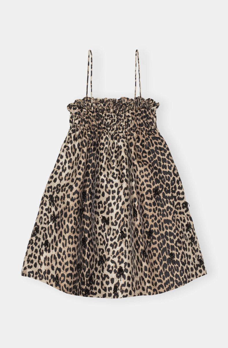 Embellished Babydoll Mini Dress, Polyamide, in colour Leopard - 2 - GANNI