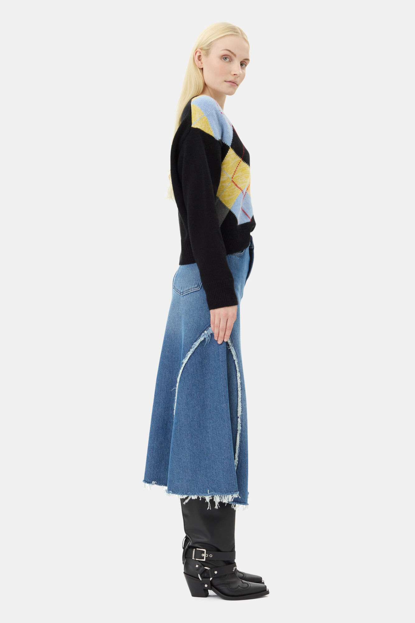Blue Midi Skirt, Cotton, in colour Mid Blue Stone - 3 - GANNI