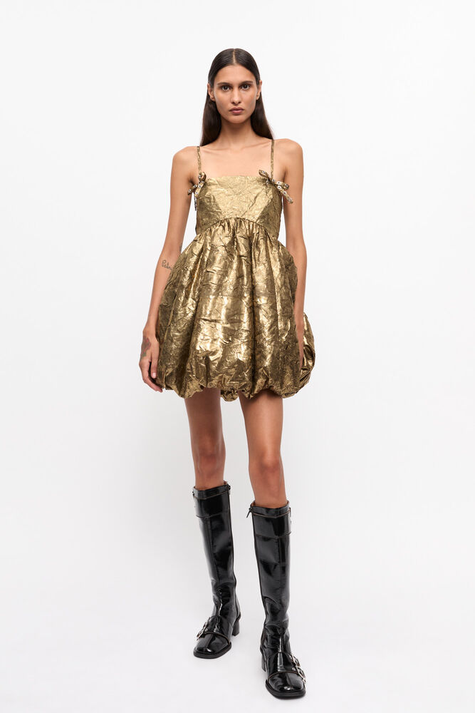 Gold Pleat Strap Mini Dress, Gold
