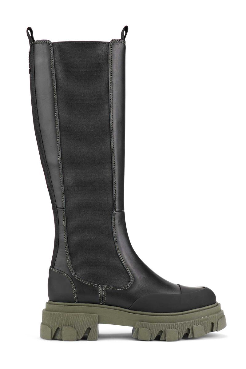 Leather Knee-High Chelsea Boots, Leather, in colour Black/Green - 1 - GANNI