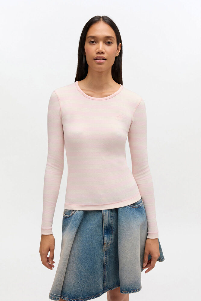 Randig ribbad långärmad tröja, Chalk Pink