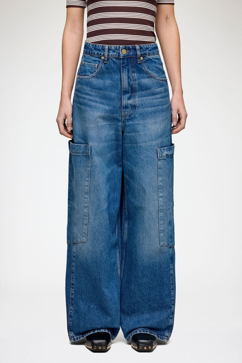 Baggy Wide Jeans in Rigid Denim, Organic Cotton, in colour Mid Blue Stone - 2 - GANNI