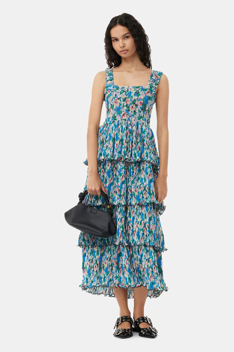Pleated Georgette Smock Midi Dress, Recycled Polyester, in colour Floral Azure Blue - 1 - GANNI