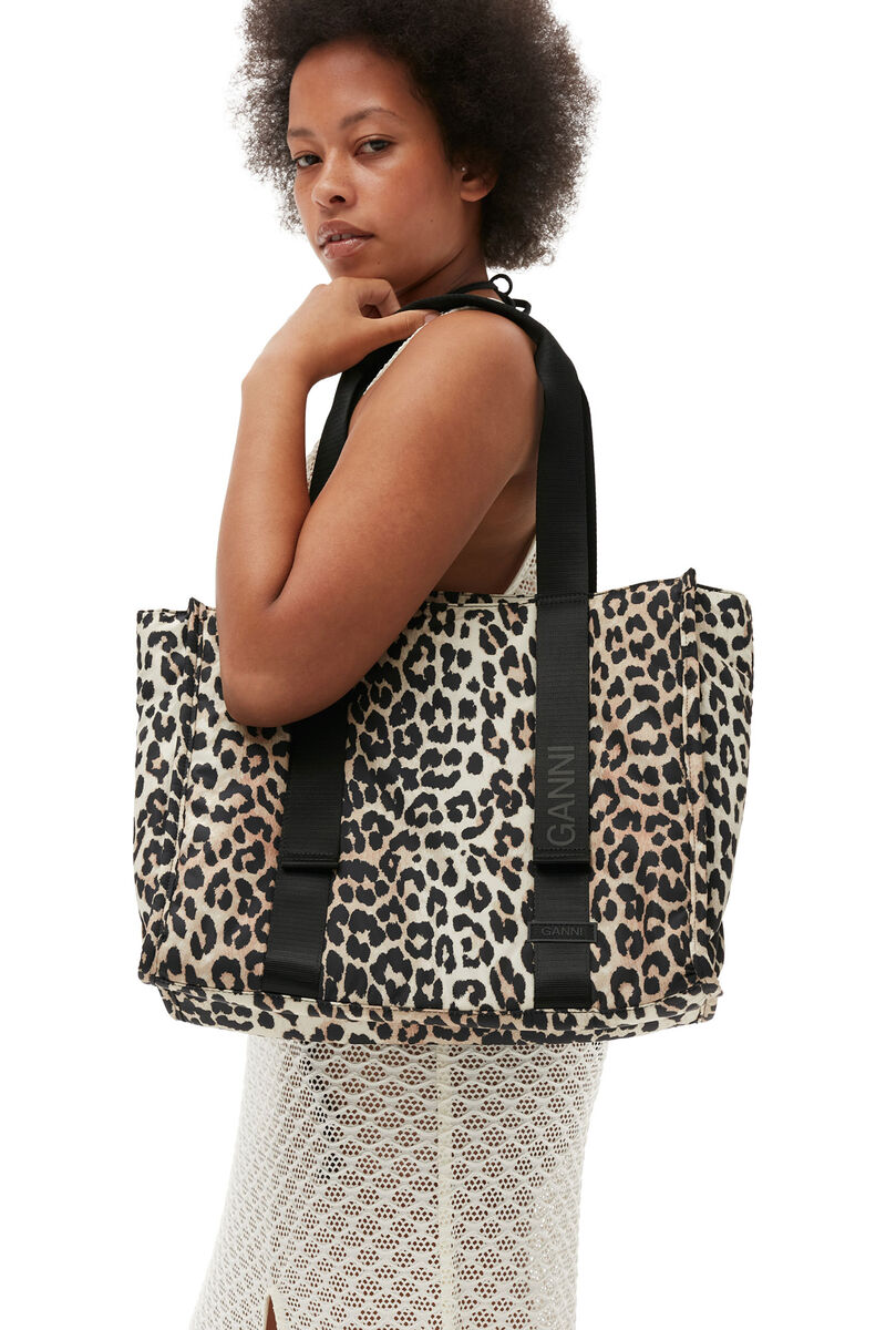 Medium Leopard Tech Tote , Recycled Polyester, in colour Leopard - 1 - GANNI