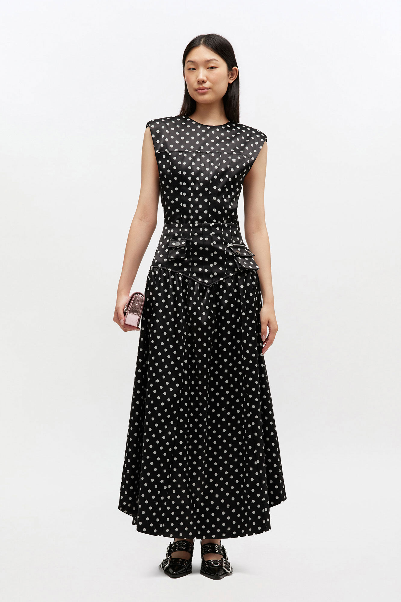 Polka-Dot Satin Corset Skirt, in colour Black - 1 - GANNI