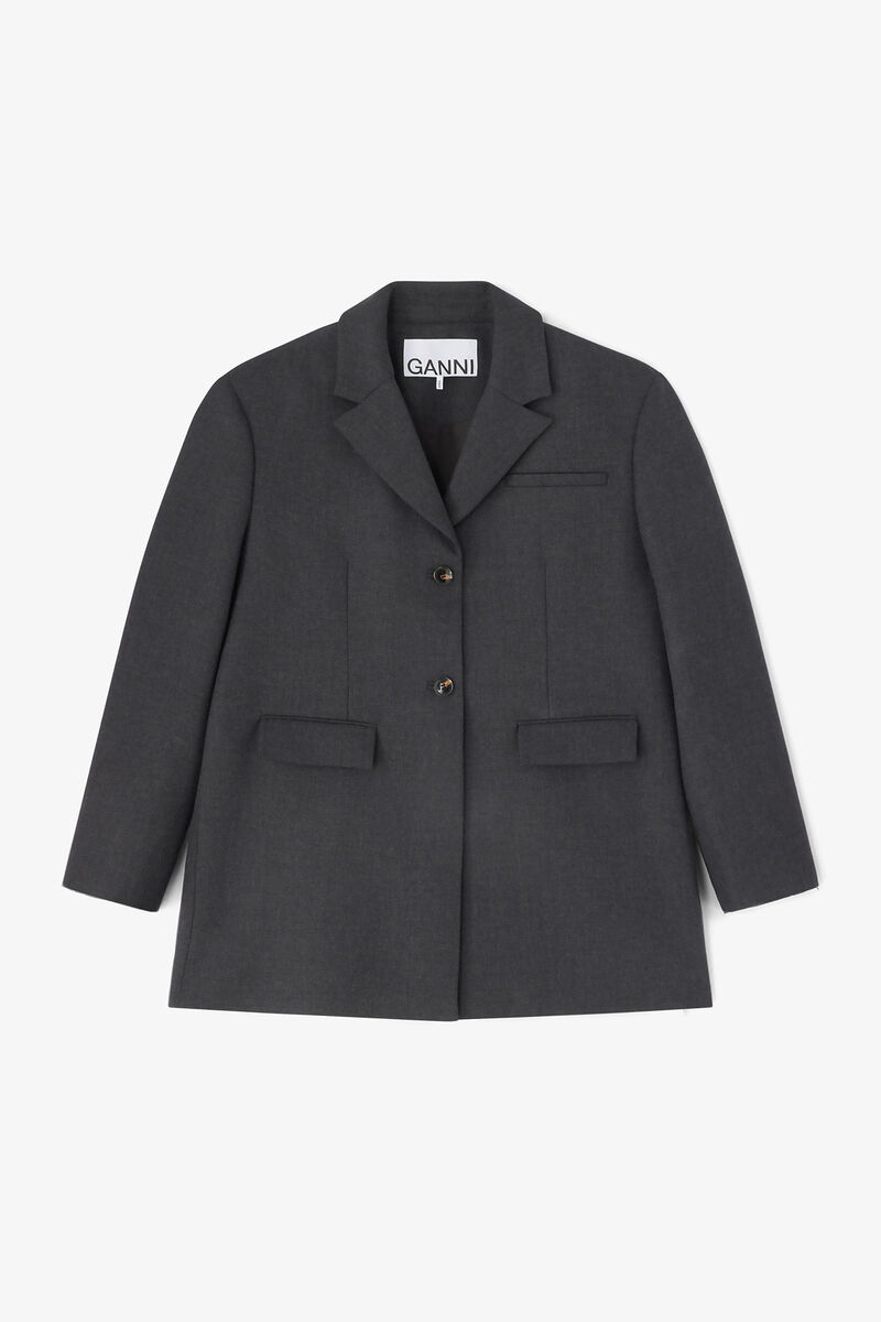Grey Wool Suiting Blazer, in colour Phantom - 1 - GANNI