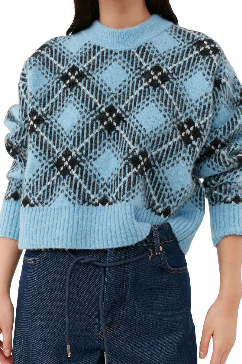 Blue Checkered Oversized Wool Pullover, Alpaca, in colour Silver Lake Blue - 4 - GANNI