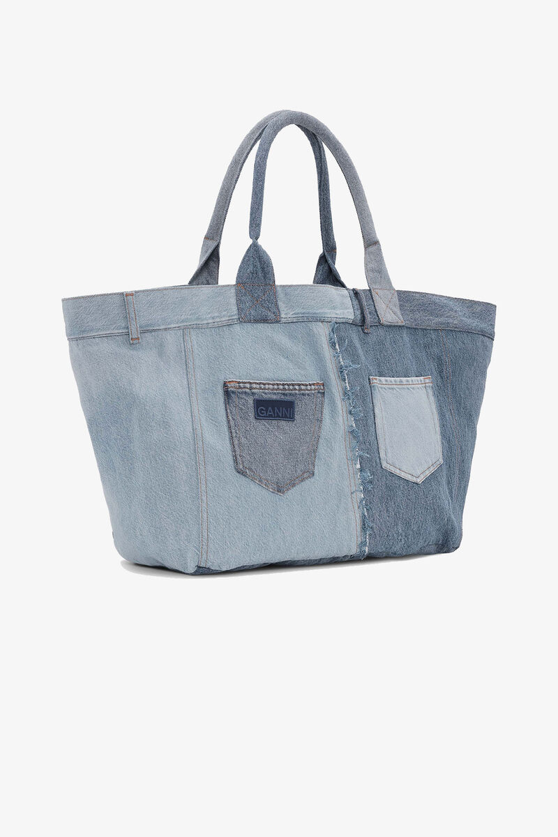 Denim Patchwork Tote, Cotton, in colour Denim - 2 - GANNI