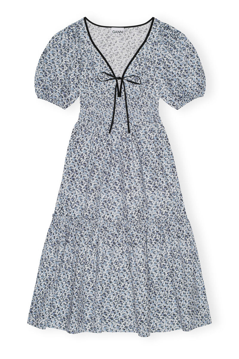 Blue Floral Printed Cotton Long Smock-kjole, Cotton, in colour Glacier Lake - 1 - GANNI