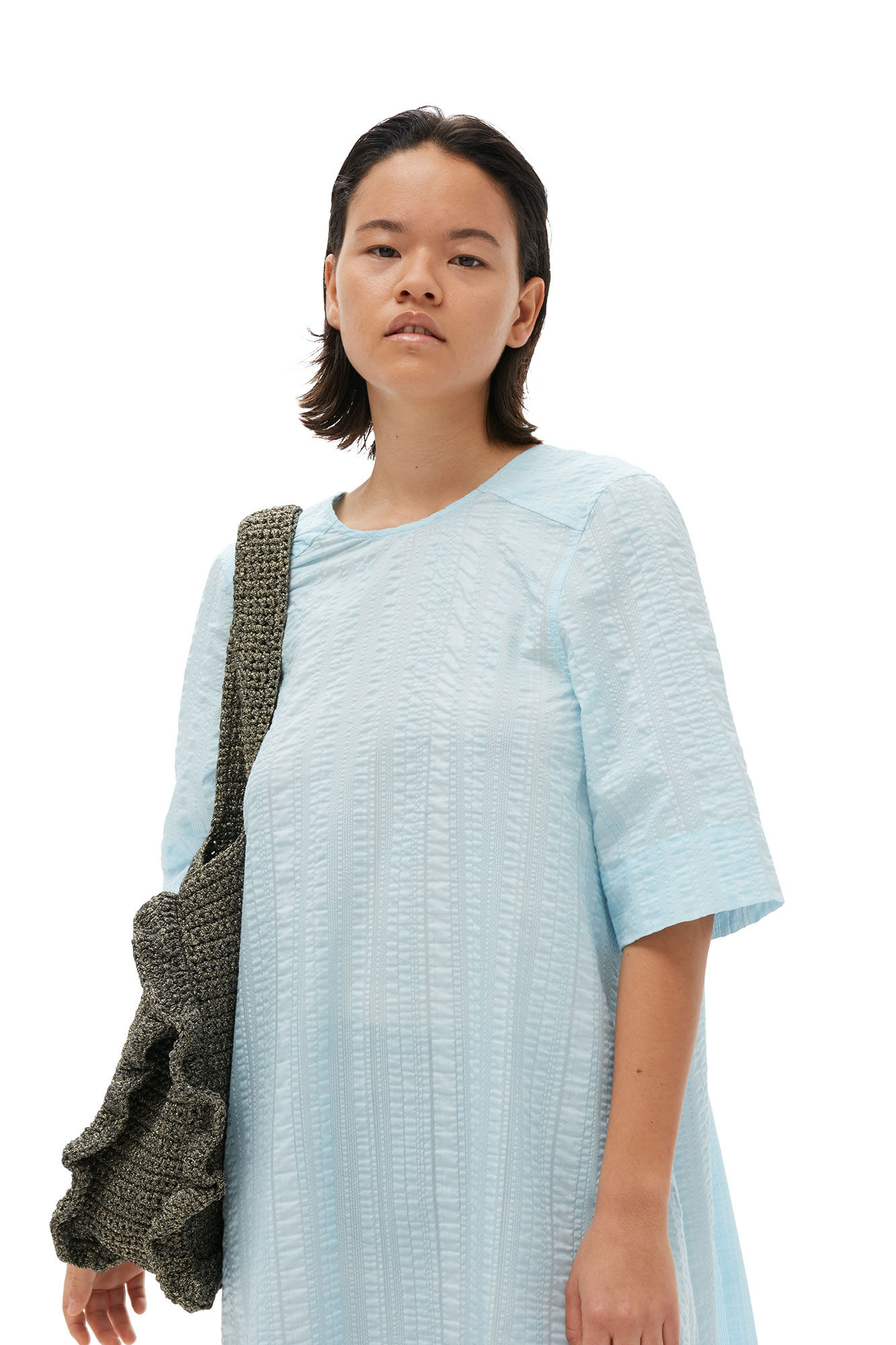 Seersucker Check Maxi Dress, Elastane, in colour Ice Water - 6 - GANNI