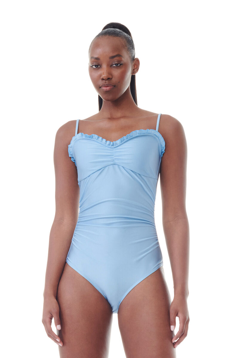 Blue Gathered Swimsuit, Nylon, in colour Glacier Lake - 1 - GANNI