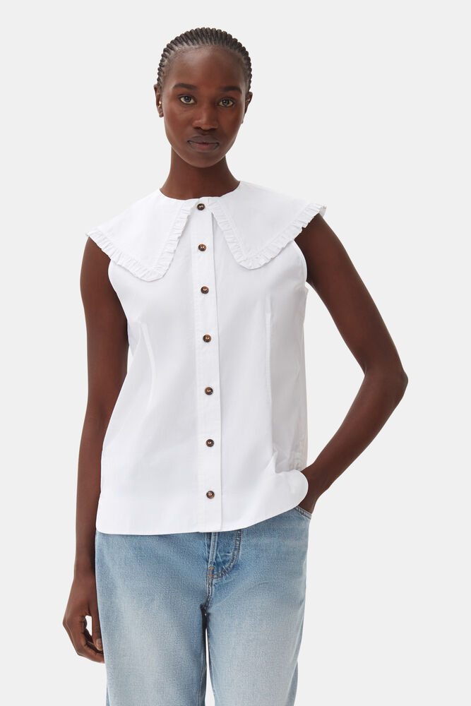 Cotton Poplin Sleeveless Frill Collar Shirt, Bright White