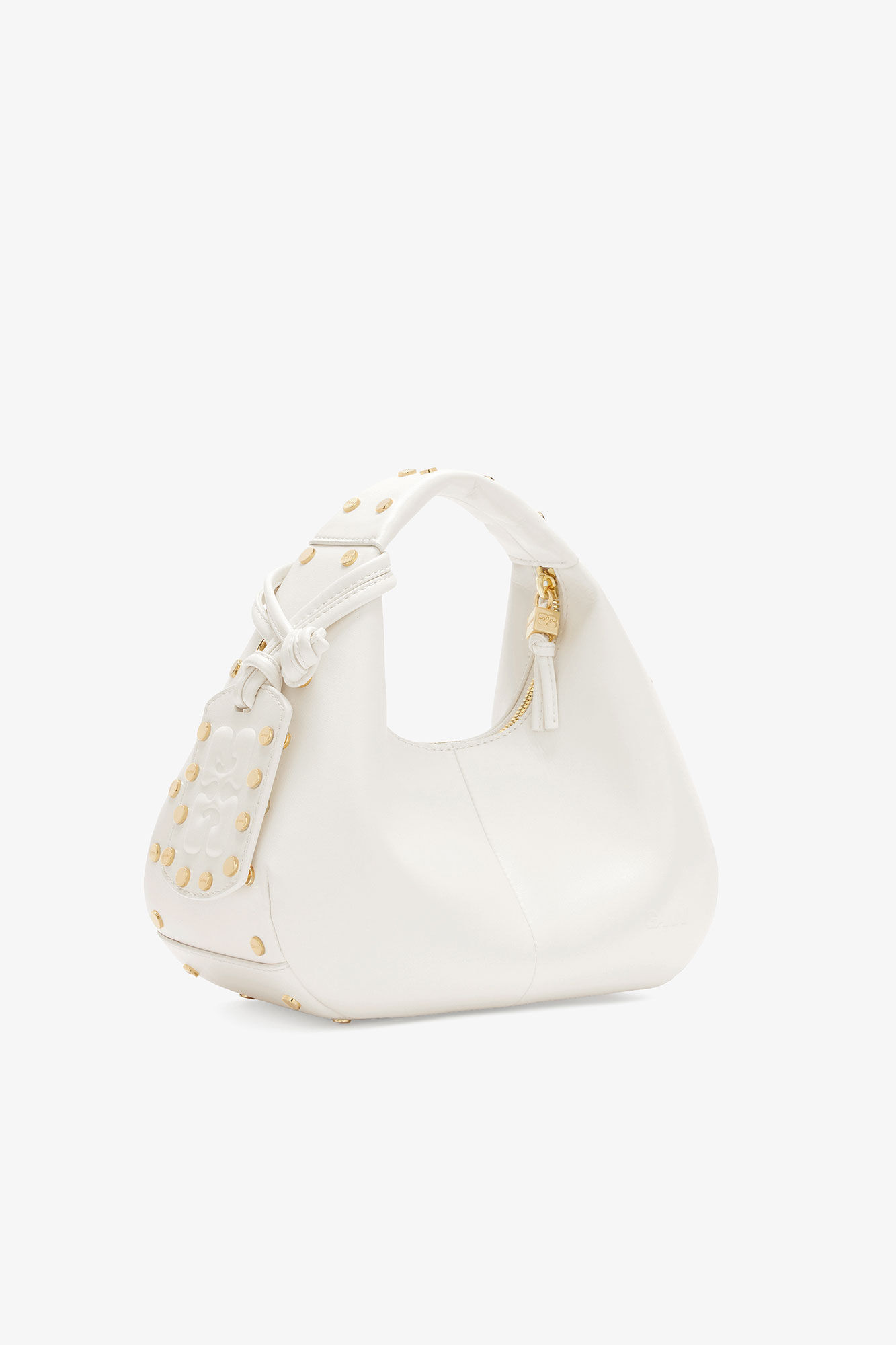 Mini Hobo Bag Studs in White, Recycled Leather, in colour Egret - 2 - GANNI