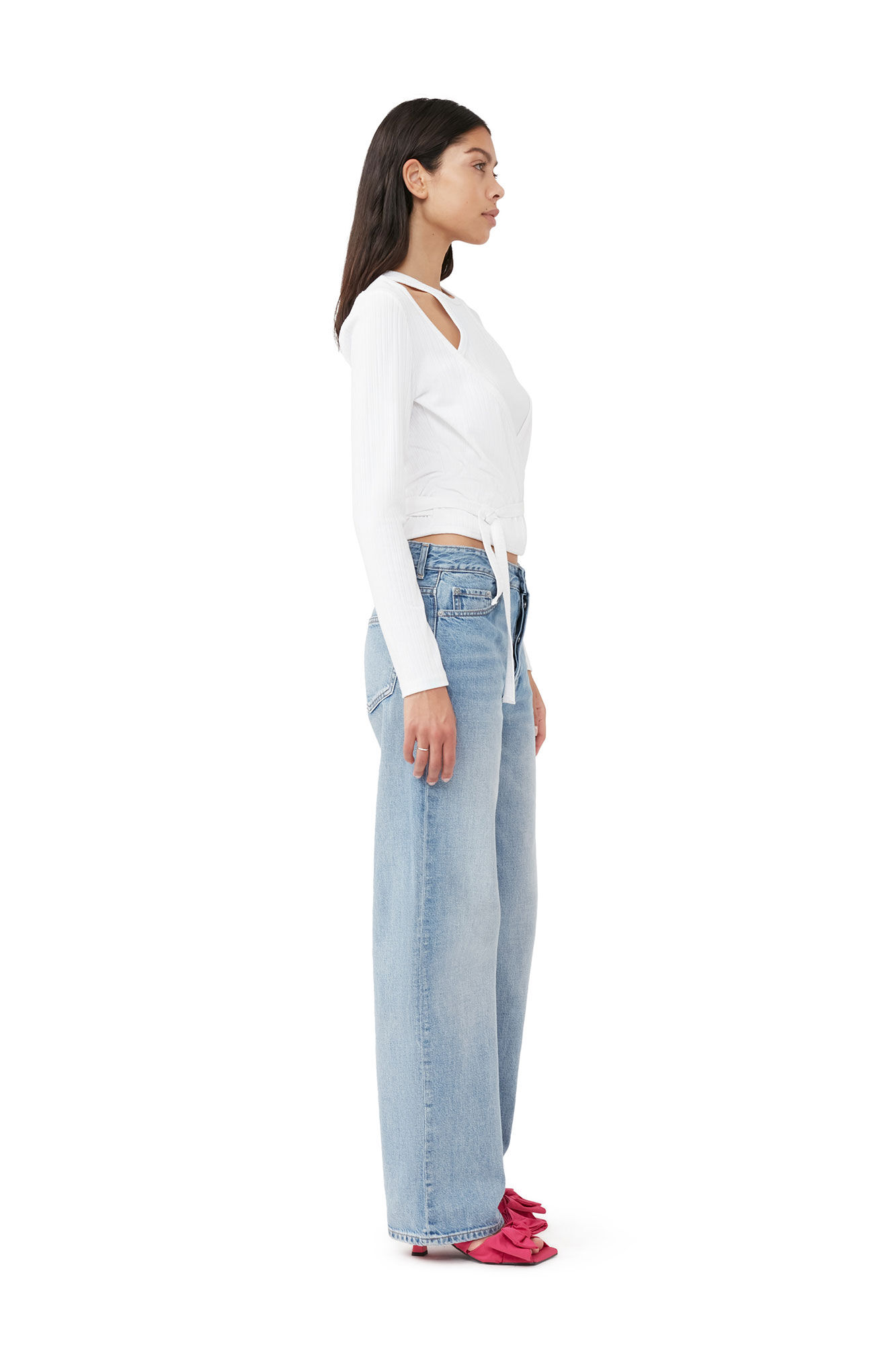Rib Jersey Wrap Blouse, Elastane, in colour Bright White - 4 - GANNI