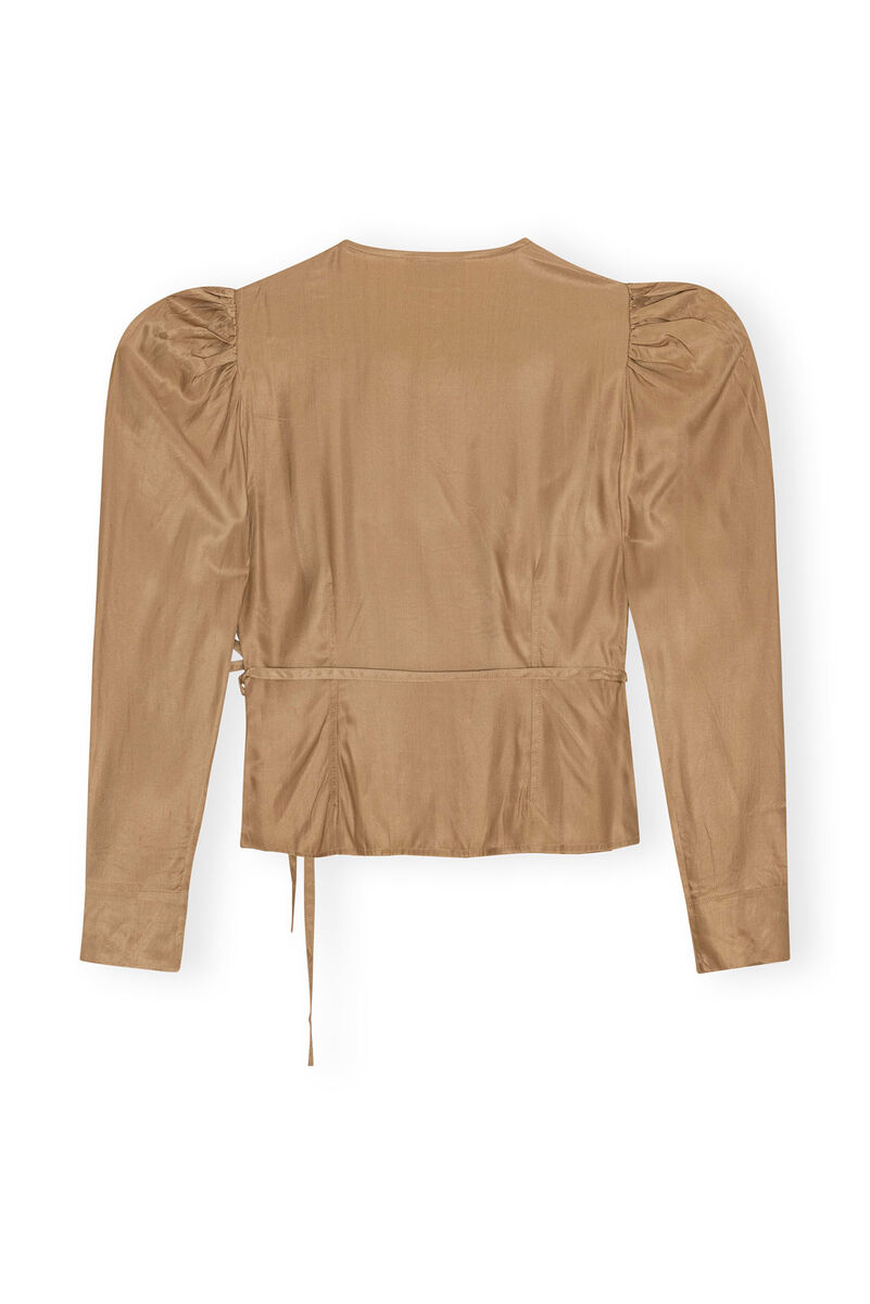 Brown Twill Wrap Blouse, Ecovero Viscose, in colour Tiger's Eye - 2 - GANNI