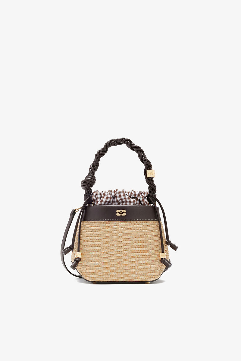 Bou Bucket Bag in Raffia, Recycled Leather, in colour Seal Brown - 1 - GANNI