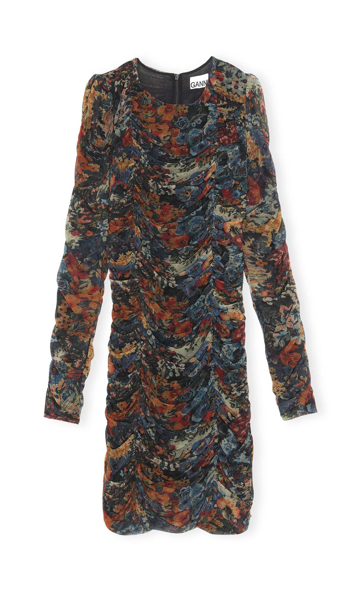 Printed Mesh O-neck Gathered Panel Mini Dress, Nylon, in colour Butternut - 1 - GANNI