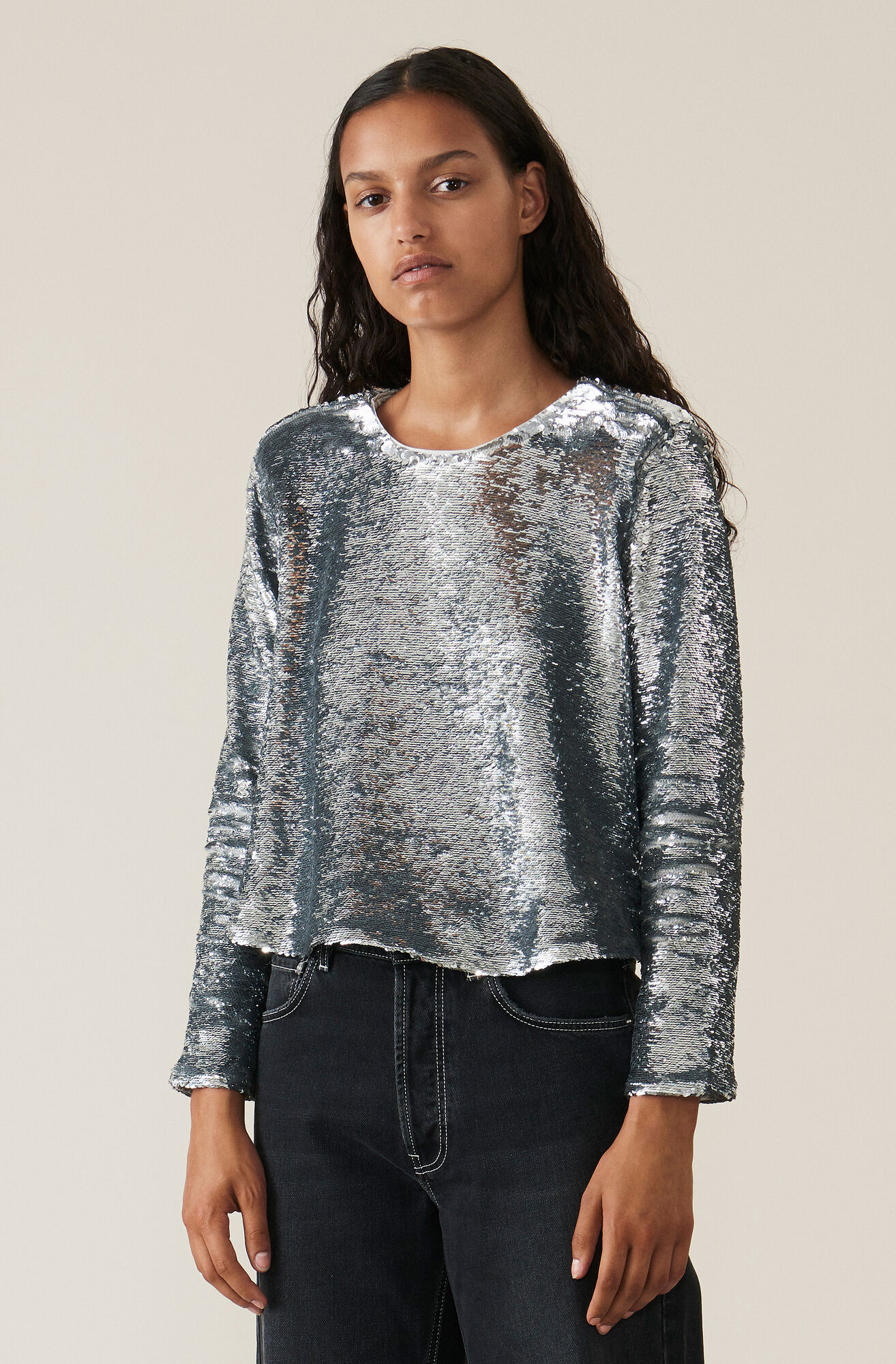 Sequins Blouse, Silver Sequins Blouse, Silver, hi-res