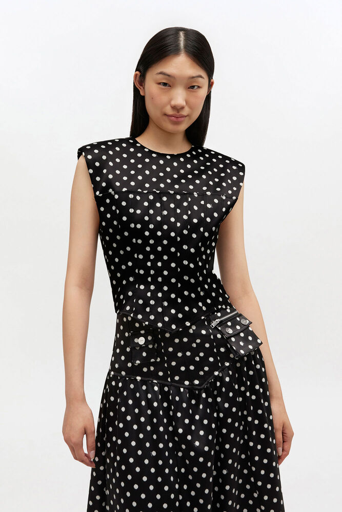 Polka-Dot Satin Corset Top, Black