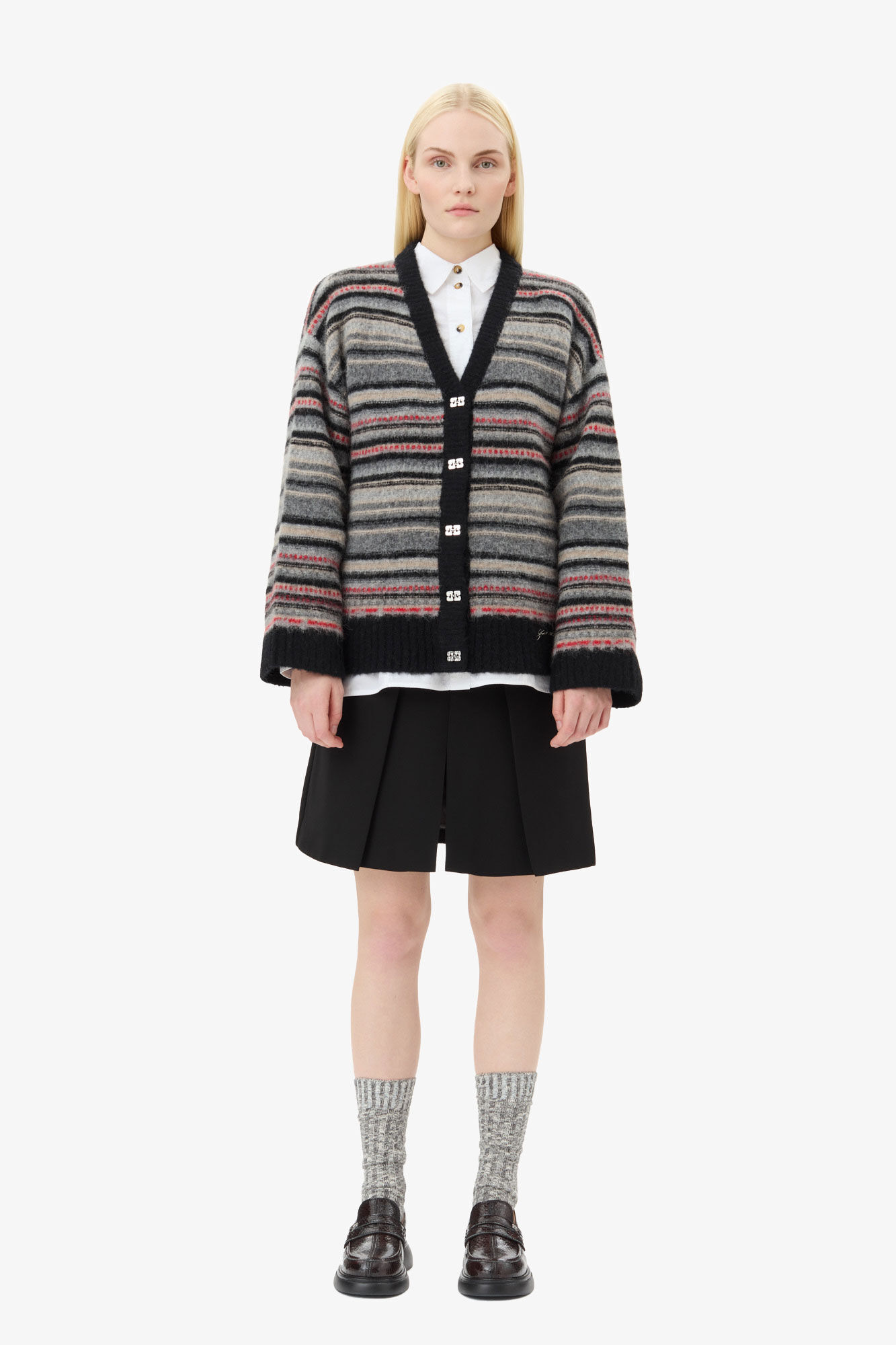 Stripe Boxy Cardigan, Alpaca, in colour Phantom - 2 - GANNI