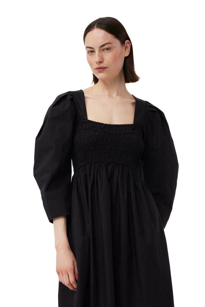 Black Cotton Poplin Open-neck Smock Long-kjole, Cotton, in colour Black - 4 - GANNI