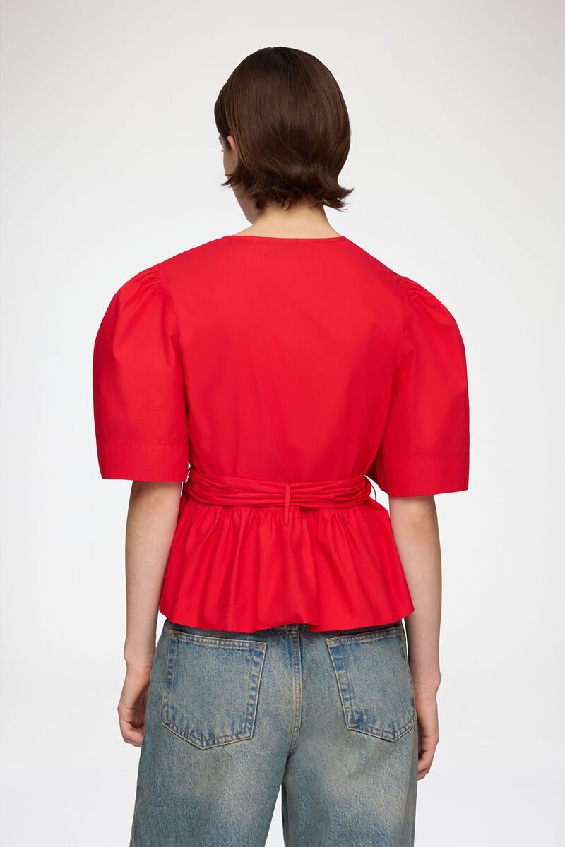Blouse in Red Cotton, Organic Cotton, in colour Racing Red - 3 - GANNI
