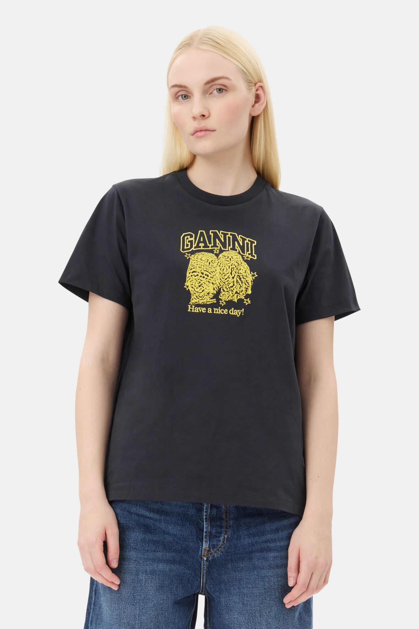 Black Basic Jersey Owls Relaxed T-shirt, Cotton, in colour Phantom - 1 - GANNI