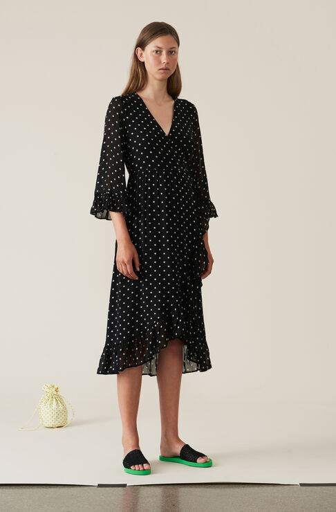 Merton Georgette Wrap Dress, Black, hi-res