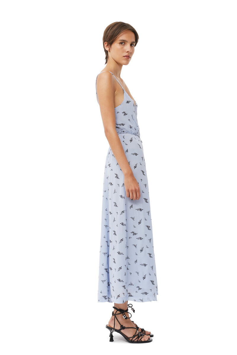Printed Georgette Strap Wrap Dress, Viscose, in colour Brunnera Blue - 3 - GANNI