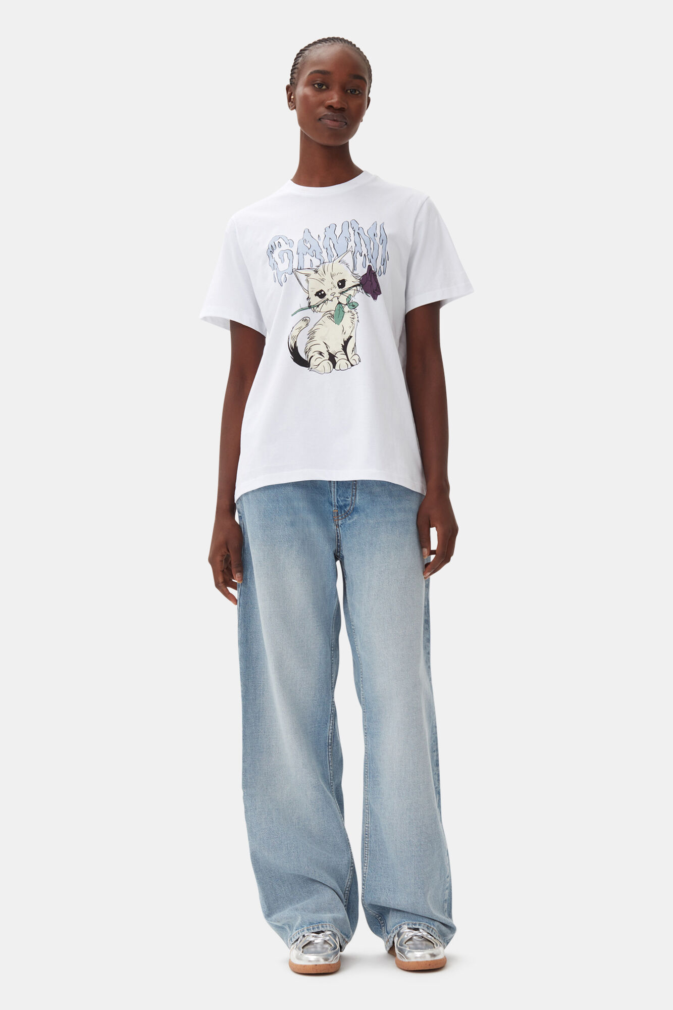 Relaxed Cat T-shirt, Cotton, in colour Bright White - 2 - GANNI
