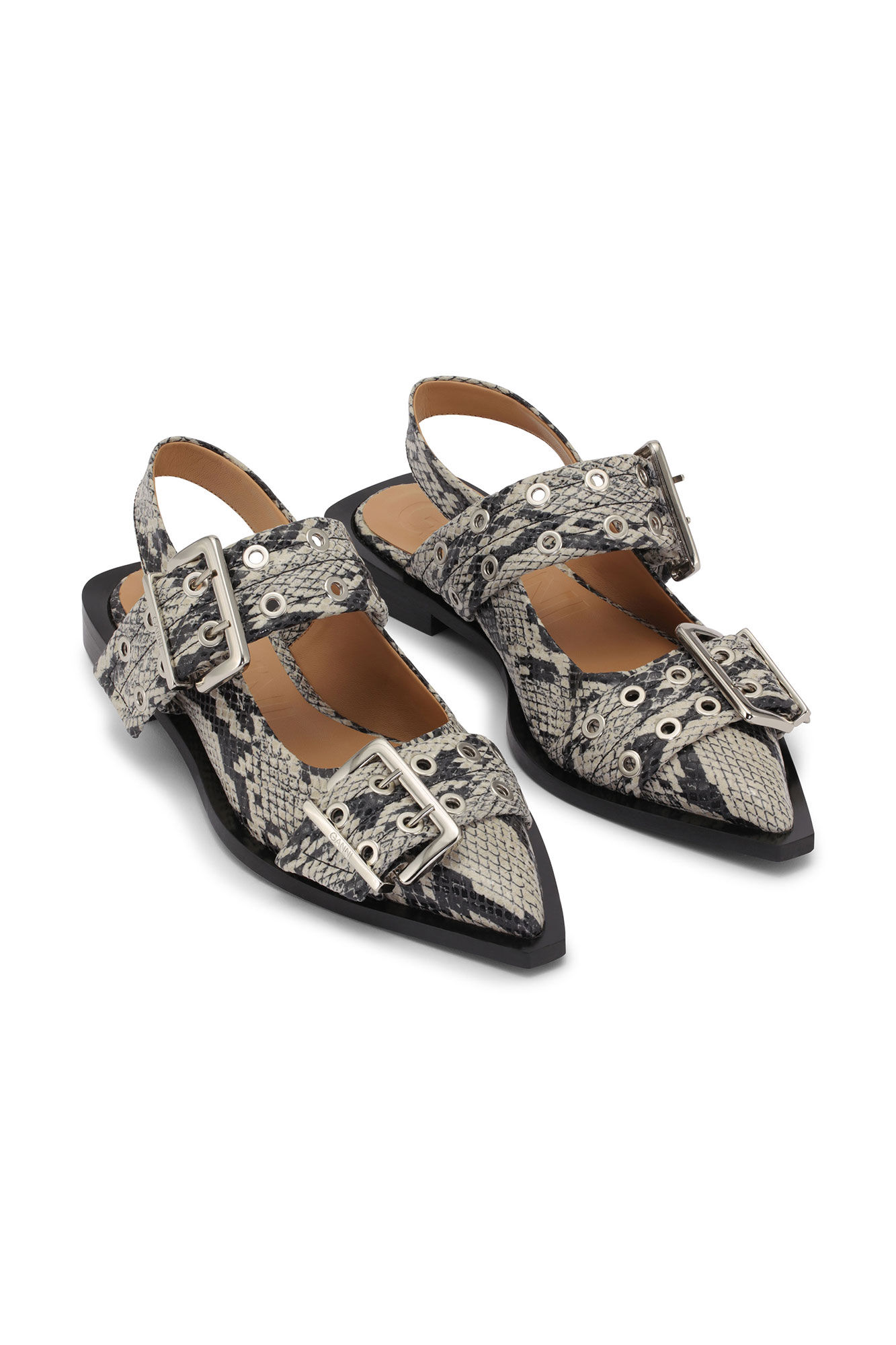 Snake Printed Feminine Buckle Ballerinaskor, Polyester, in colour Sand - 3 - GANNI