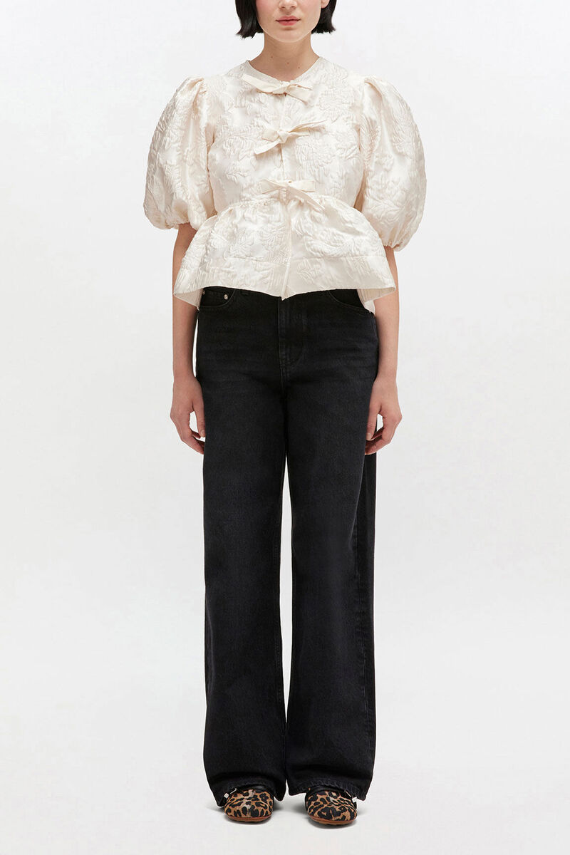 Satinbluse mit Peplum und Bindeband, Recycled Polyester, in colour Egret - 2 - GANNI