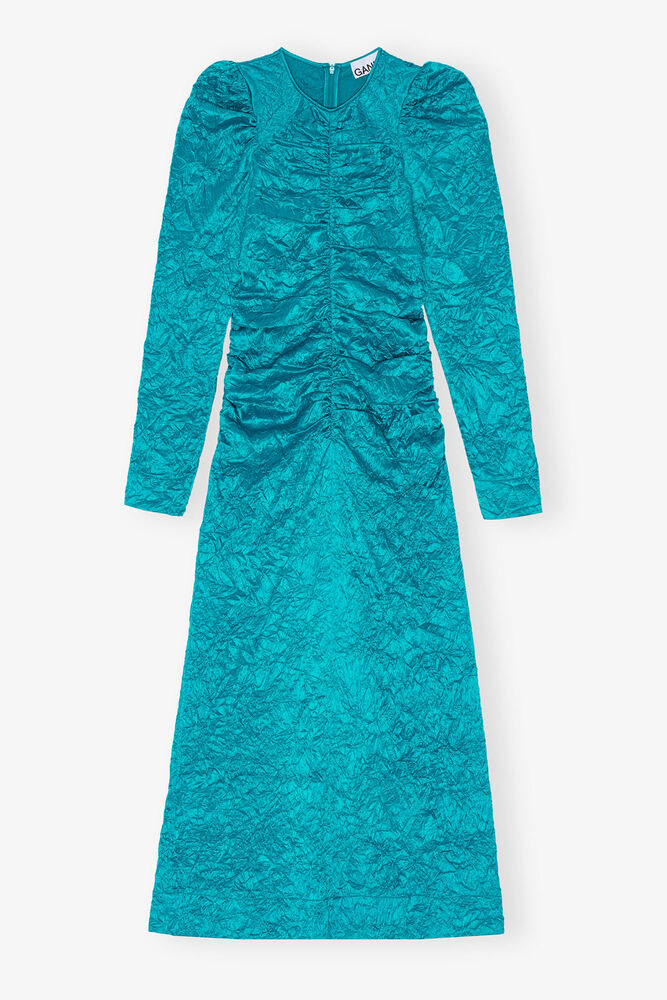 Blå Skrynklig Satin Midi Klänning med Rund Hals, Algiers Blue