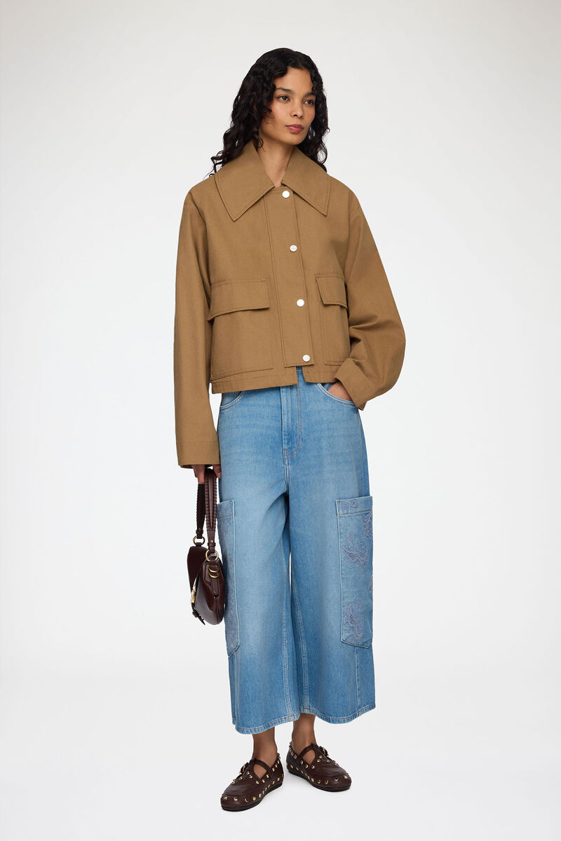 Cropped Cargo Jeans in Blue Denim, Organic Cotton, in colour Mid Blue Vintage - 1 - GANNI