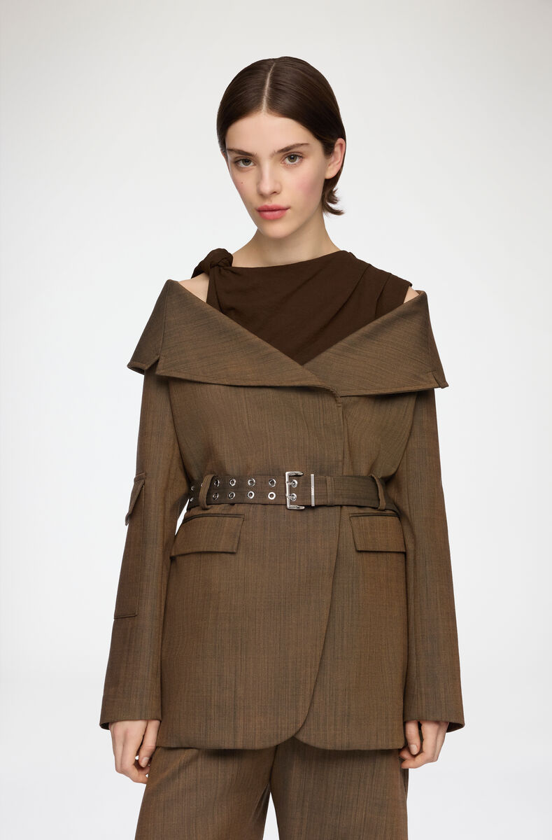 Blazer i brun uldmelange, Recycled Wool, in colour Canteen - 2 - GANNI