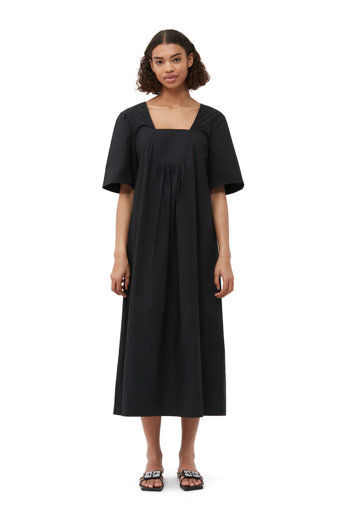 Cotton Poplin Open-neck Maxi Dress, Black