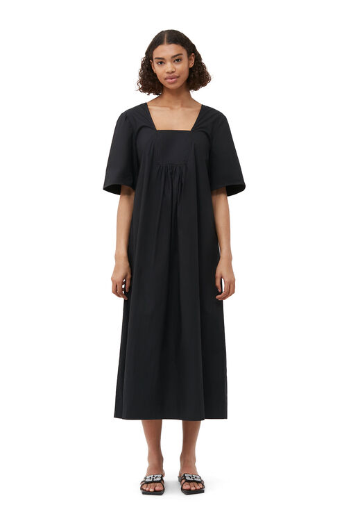 Ganni Short Sleeve Cotton Poplin Open-neck Maxi Dress In Black