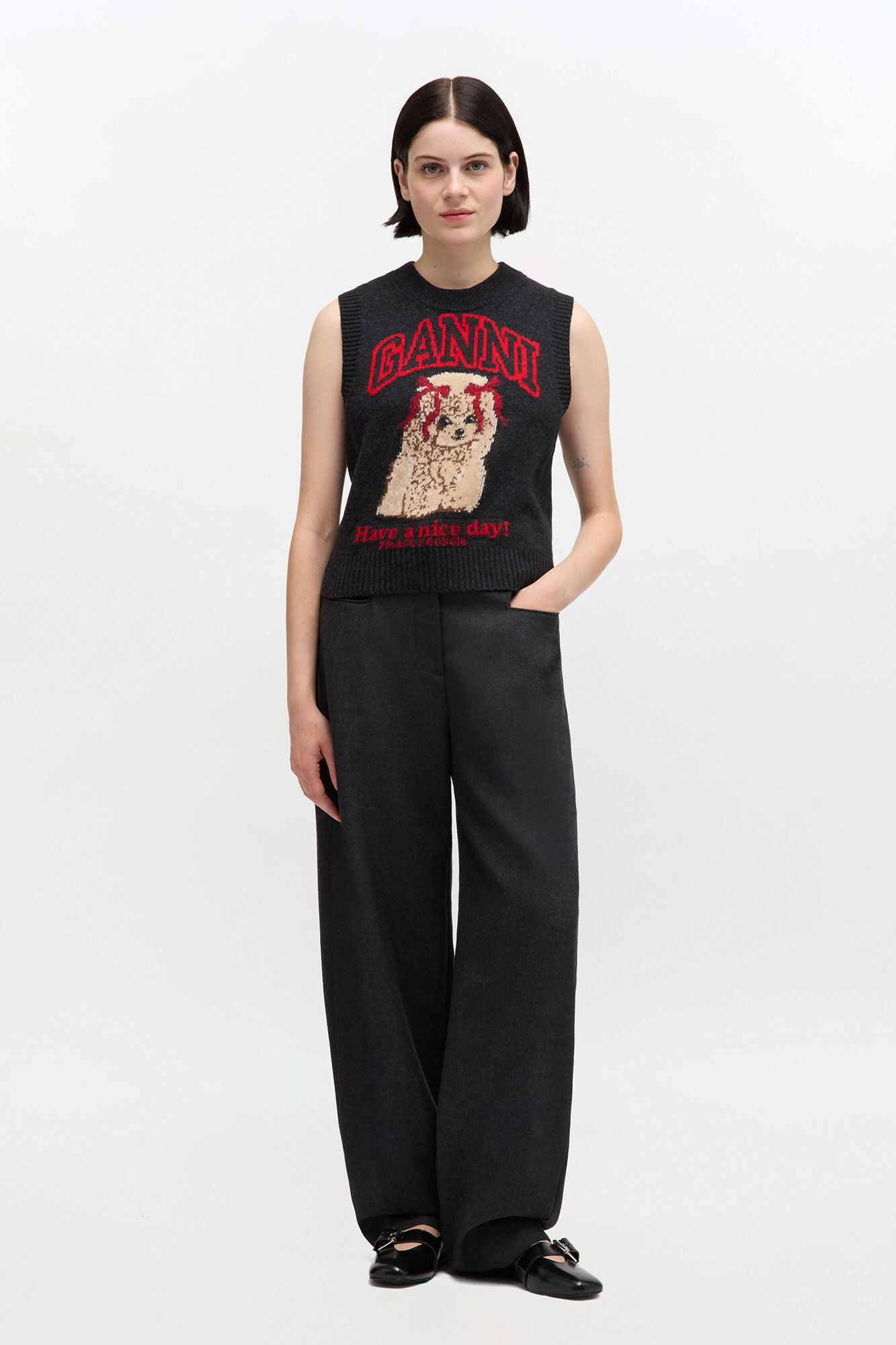 Graphic Wool Vest, in colour Black Sand - 2 - GANNI