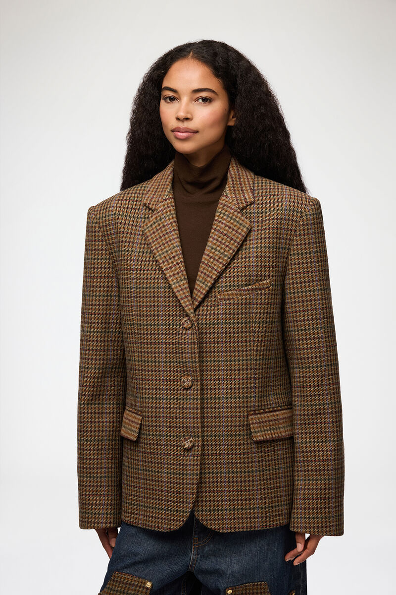 Blazer in Check Twill, Recycled Wool, in colour Multicolour - 2 - GANNI