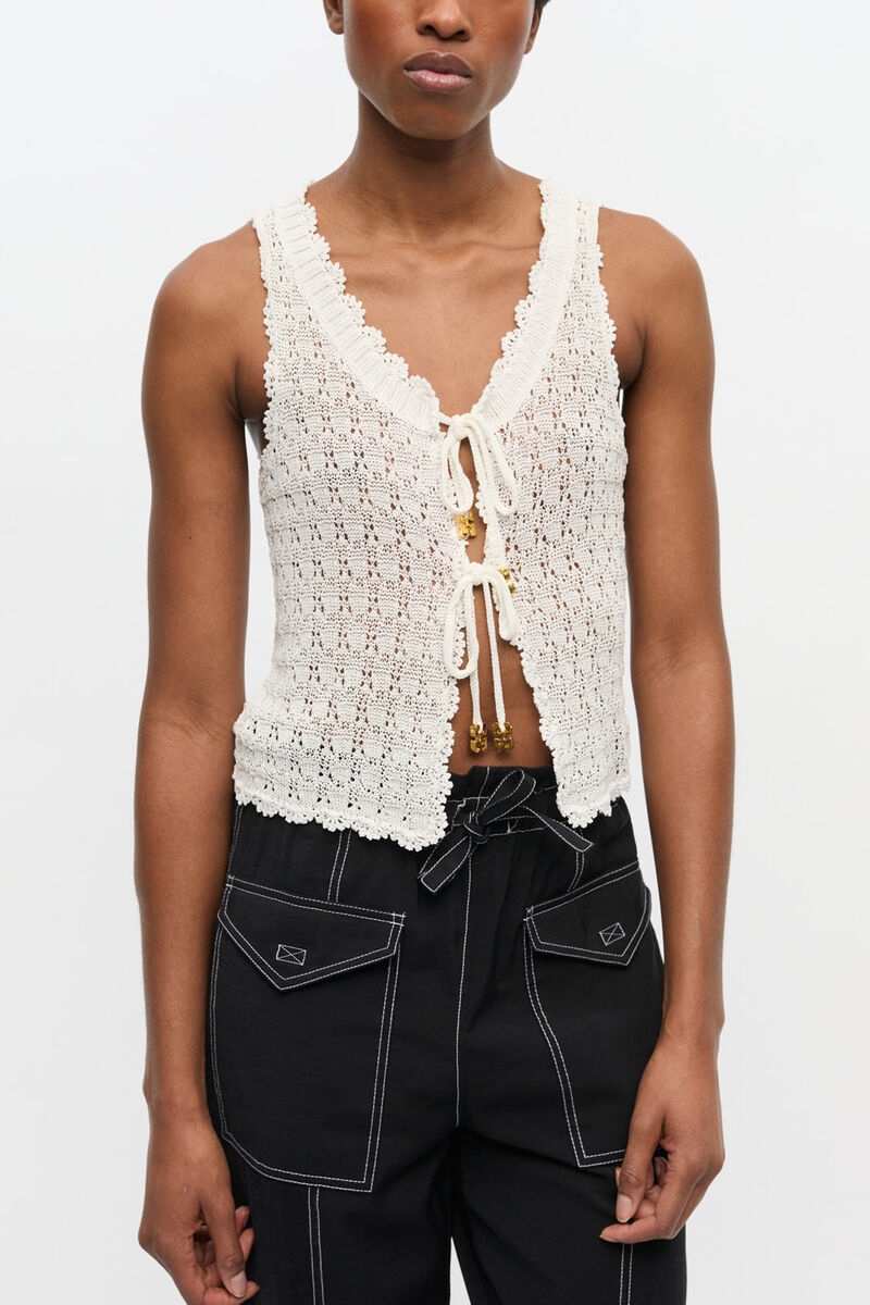 Offwhite strikvest i poientelle, LENZING&trade; ECOVERO&trade;, in colour Egret - 1 - GANNI