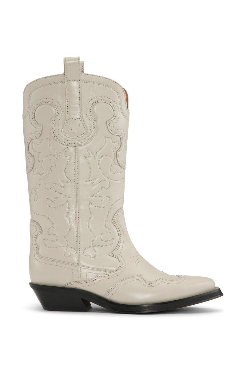 Egret White Mid Shaft Embroidered Western Boots | GANNI UK