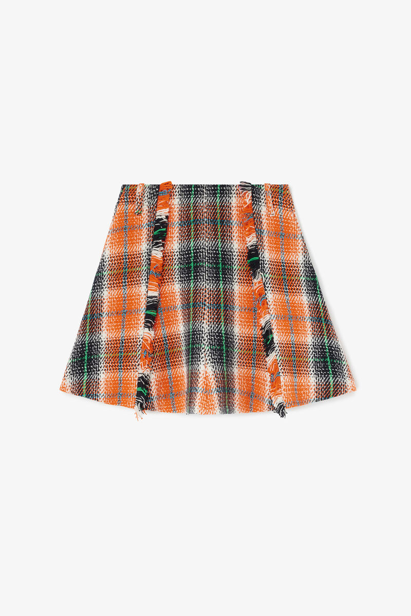 Skirt in Check Wool, Recycled Wool, in colour Mandarin Orange - 1 - GANNI